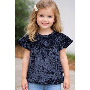 Jacadi Paris Deep Navy Velvet Top Girls 5A 110cm Flutter Sleeve Velour Shirt